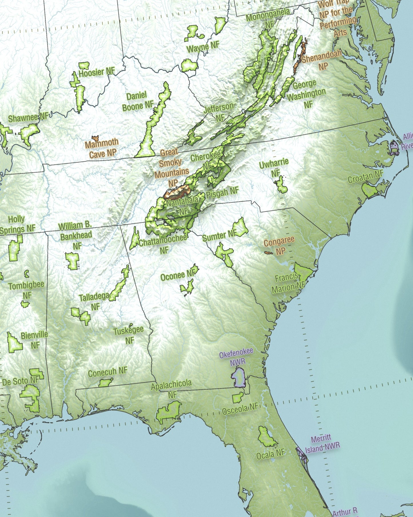 Conservation Areas of The USA and Canada | Shaded Relief Map with National Parks, Forests and Wildlife Management Areas