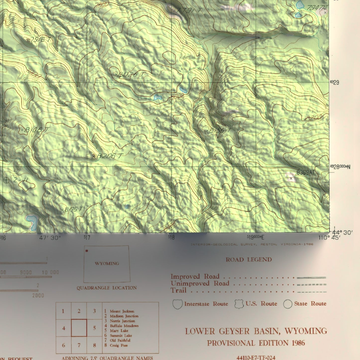 1986 Yellowstone National Park | Middle and Lower Geyser Basins | 7.5'x7.5' Shaded Historic USGS Map