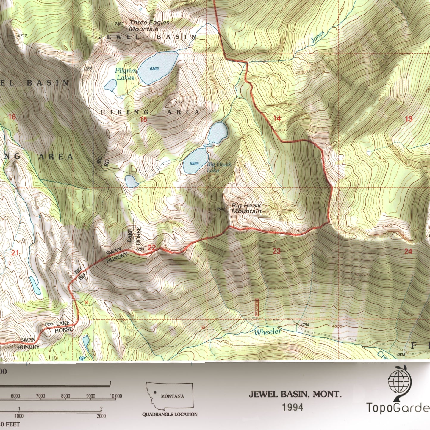 1994 Jewel Basin, MT | 7.5"x7.5" Shaded Historic USGS Map Composite