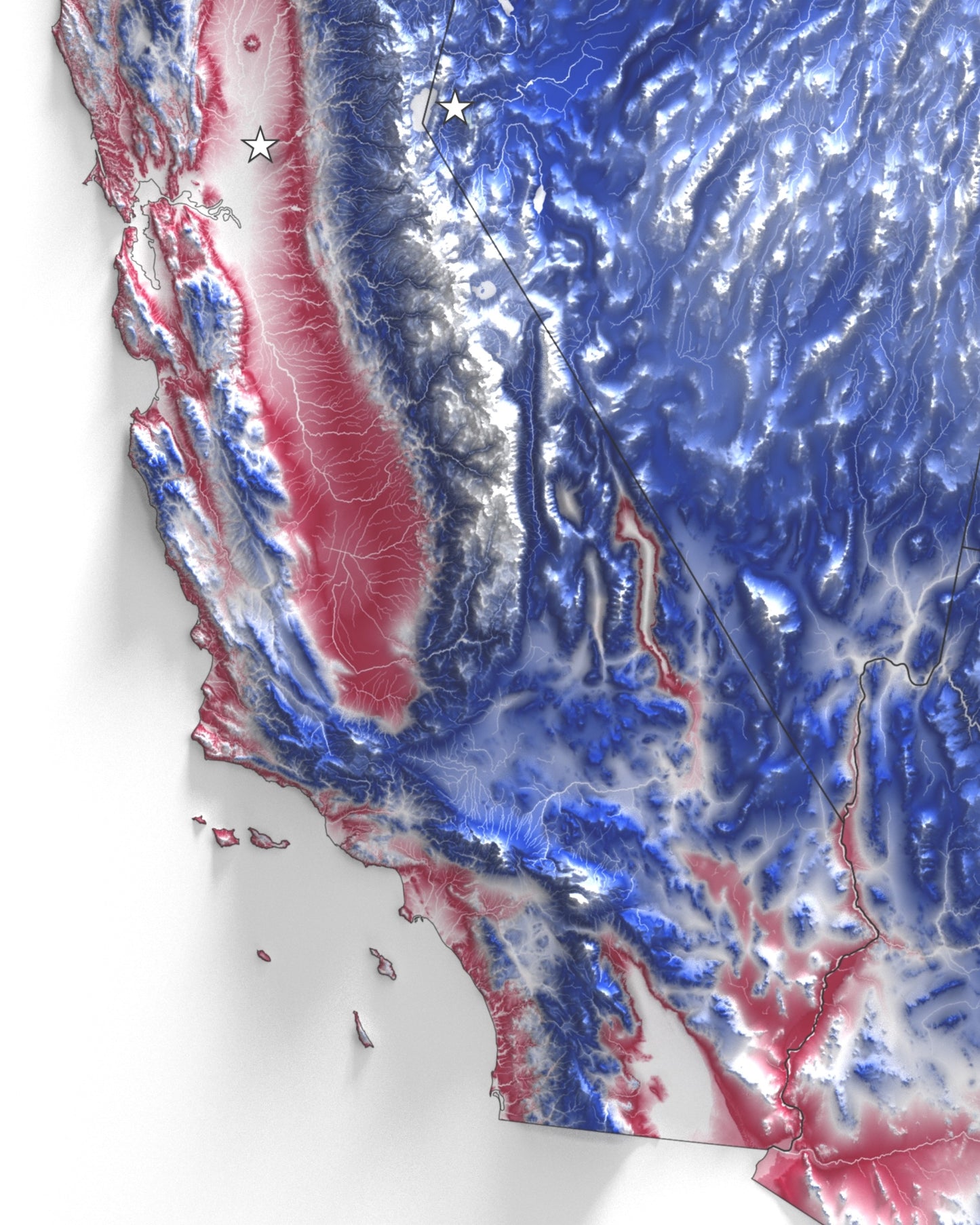 The United States of America | Red, White and Blue Shaded Relief and Hydrology Map