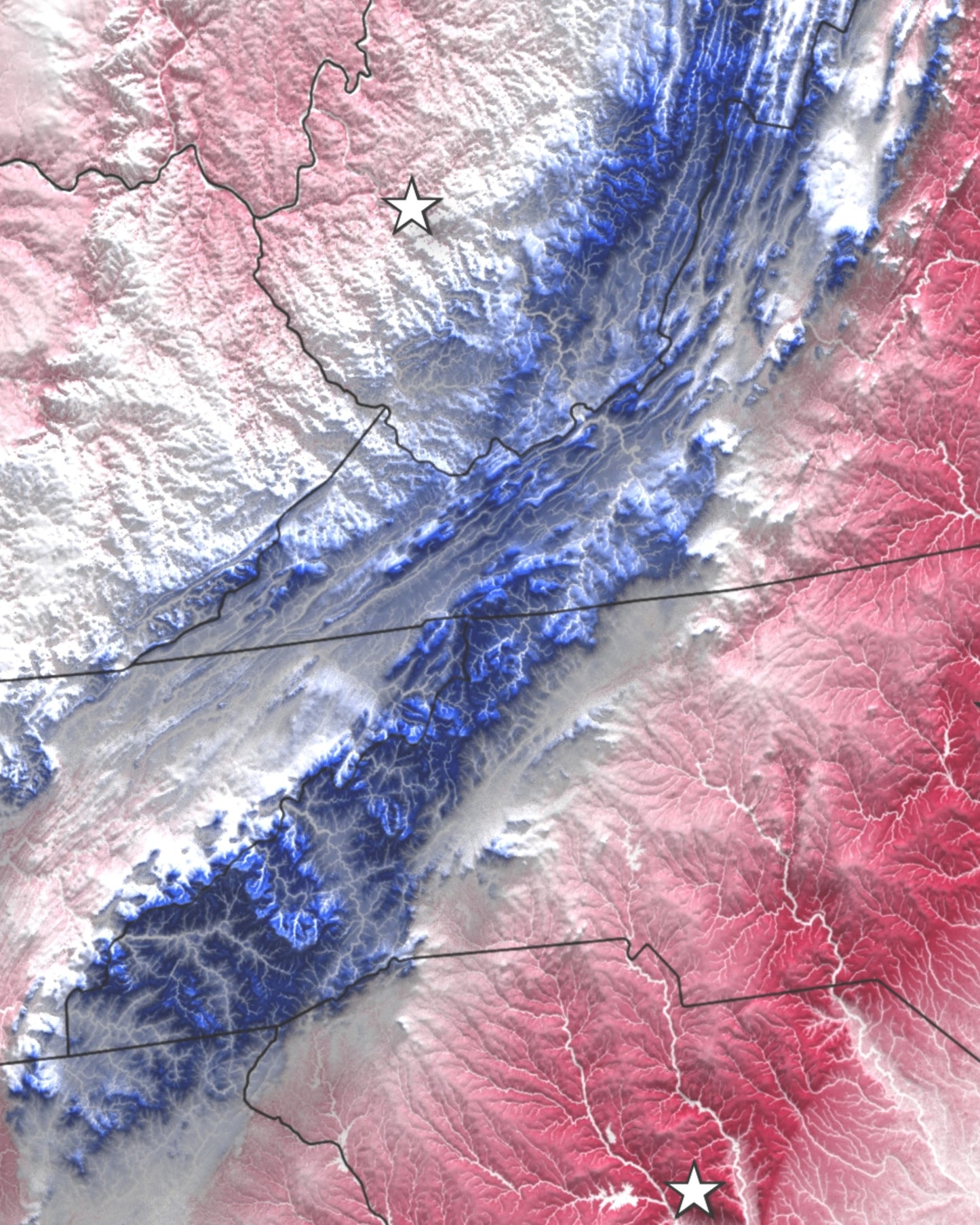 The United States of America | Red, White and Blue Shaded Relief and Hydrology Map