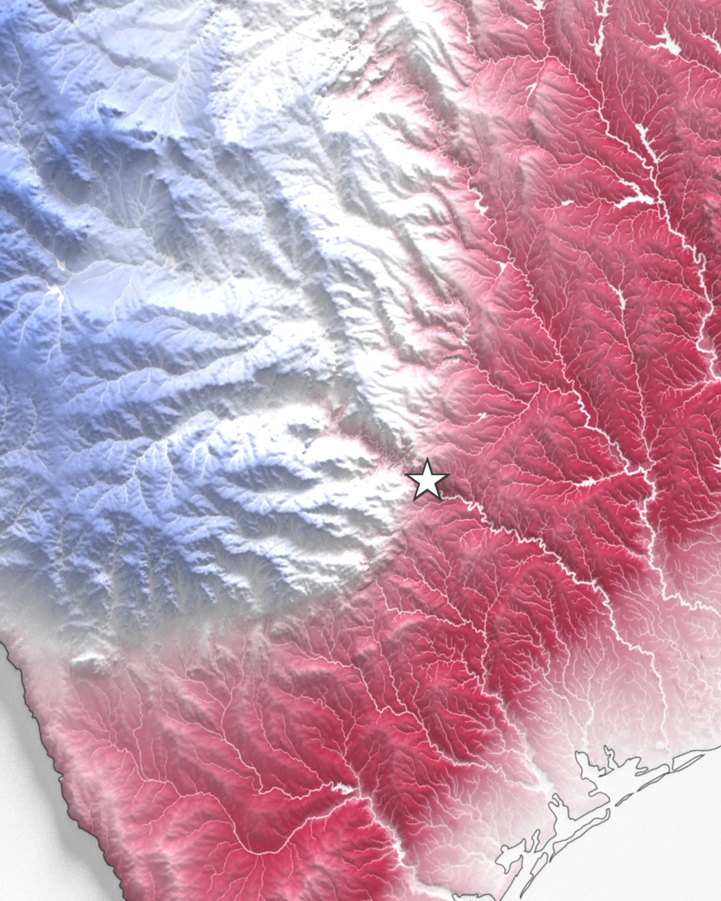 The United States of America | Red, White and Blue Shaded Relief and Hydrology Map