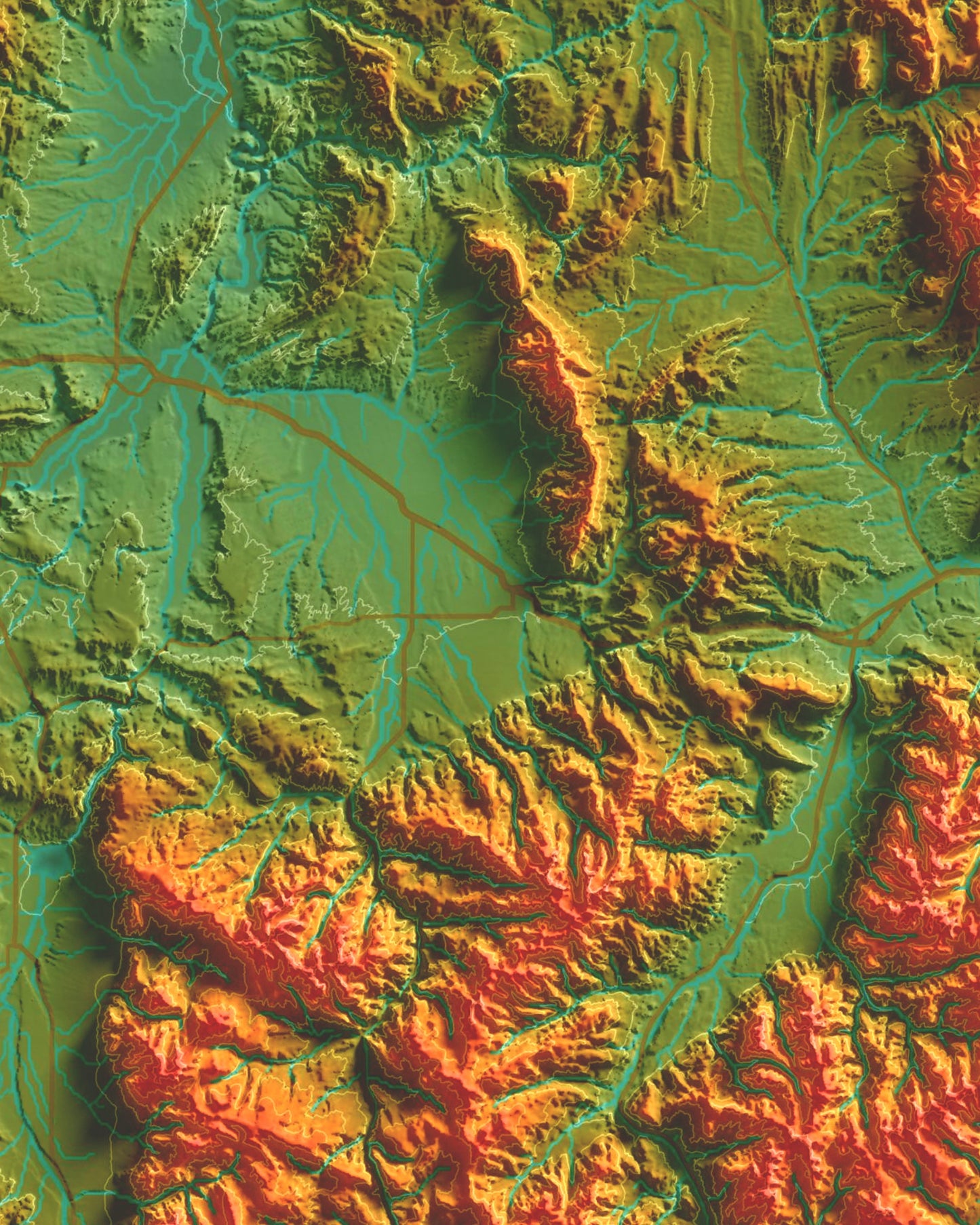 Colorful Hypsometric Maps of Montana | Hydrology, Roads, Contours and Shading