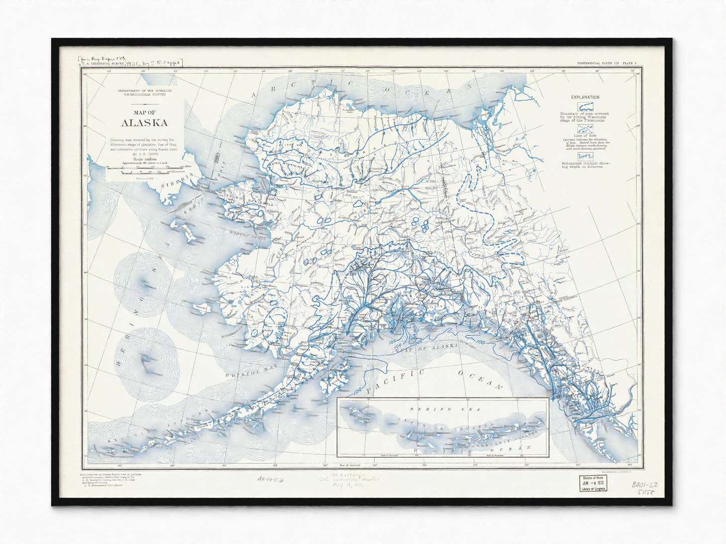 1931 Map of Alaska | Wisconsin Ice Age Glacial Extent and Flow