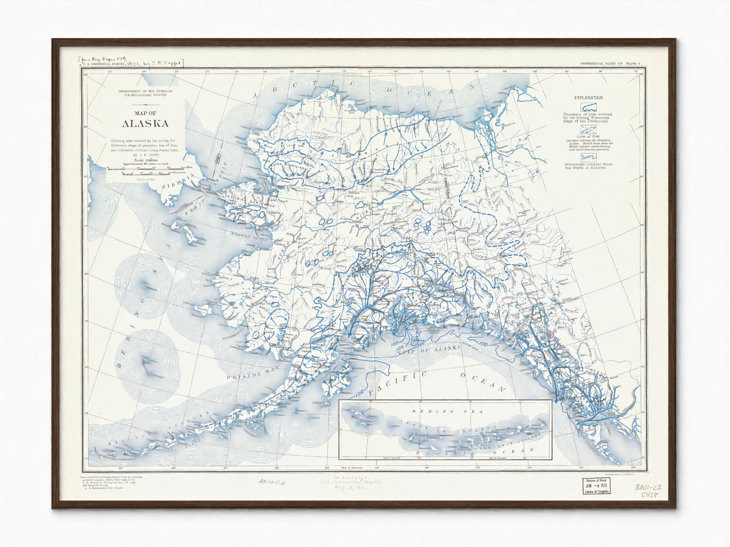 1931 Map of Alaska | Wisconsin Ice Age Glacial Extent and Flow