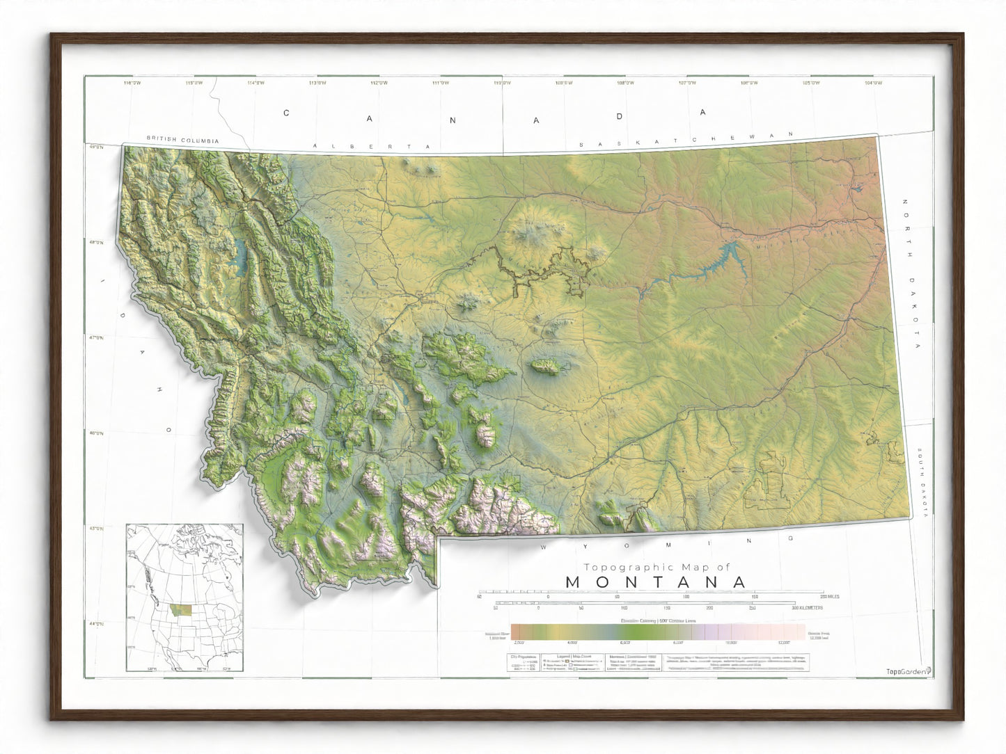 Topographic map of Montana with a brown frame