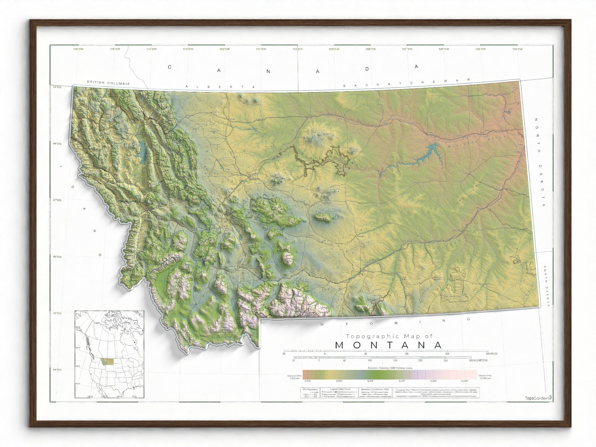 Topographic map of Montana with a brown frame