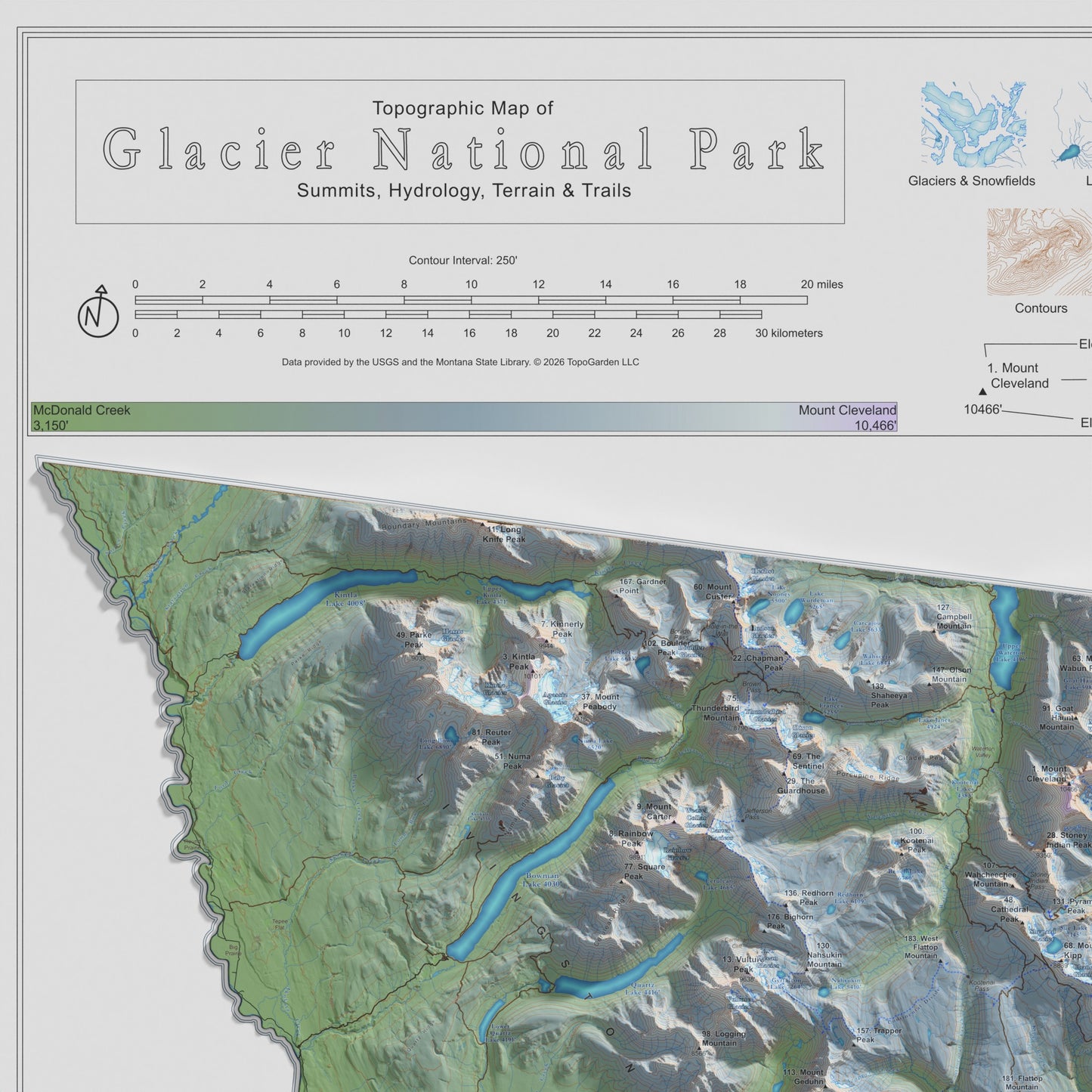 Peaks of Glacier | Topographic Map of Glacier National Park, Montana USA