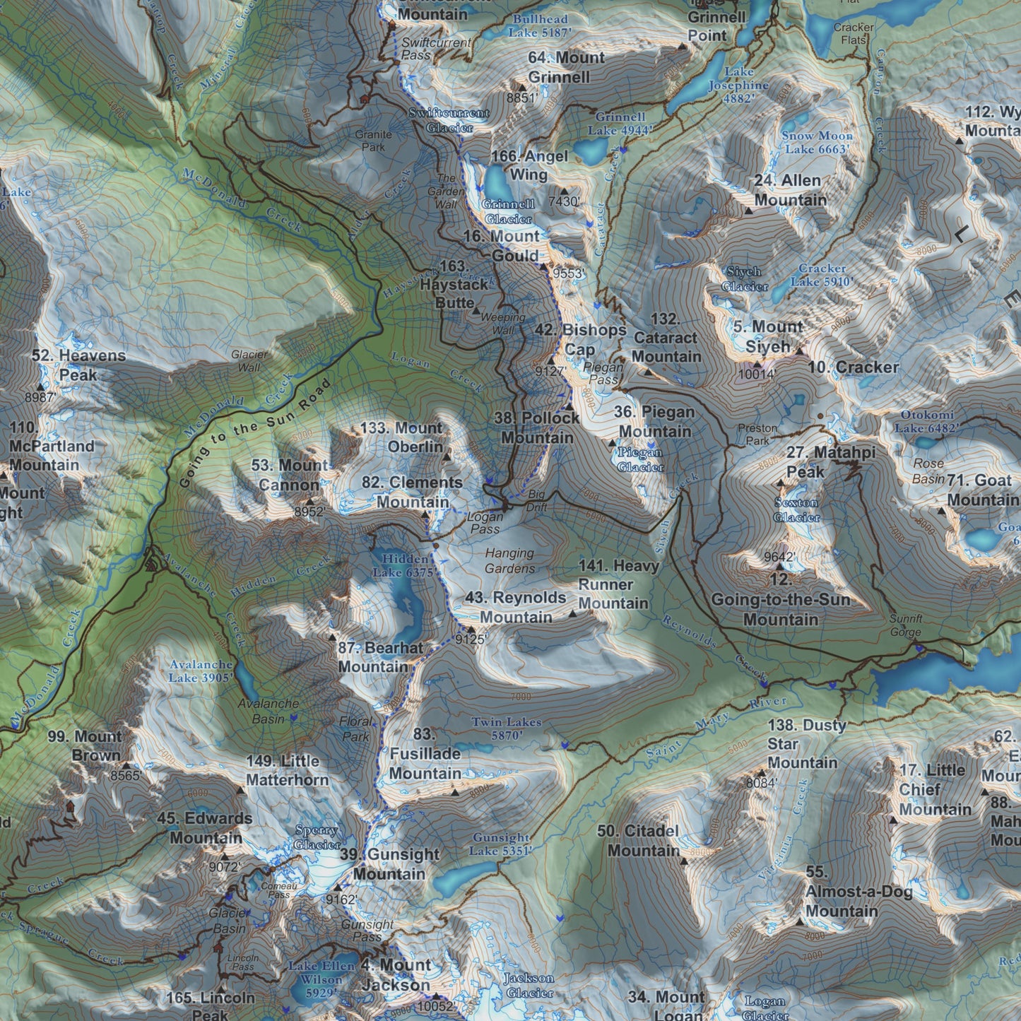Peaks of Glacier | Topographic Map of Glacier National Park, Montana USA