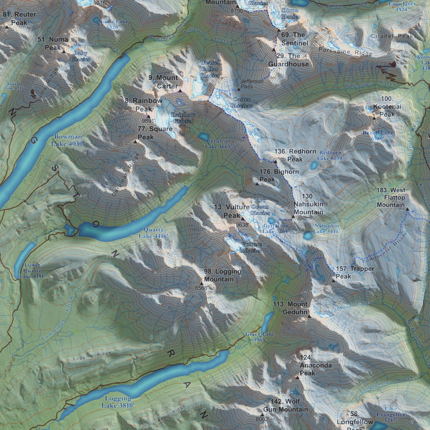 Peaks of Glacier | Topographic Map of Glacier National Park, Montana USA