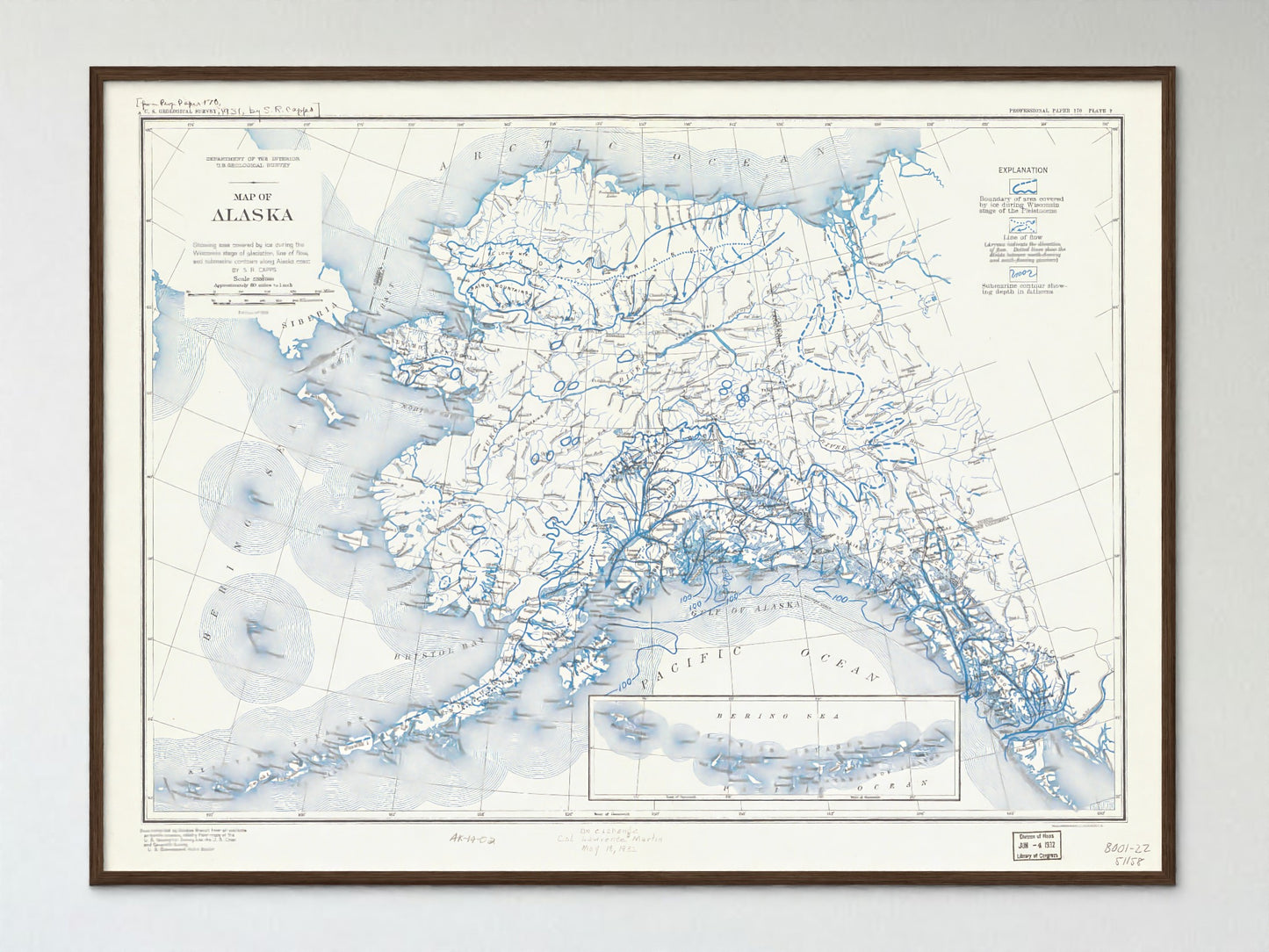 1931 Map of Alaska | Wisconsin Ice Age Glacial Extent and Flow