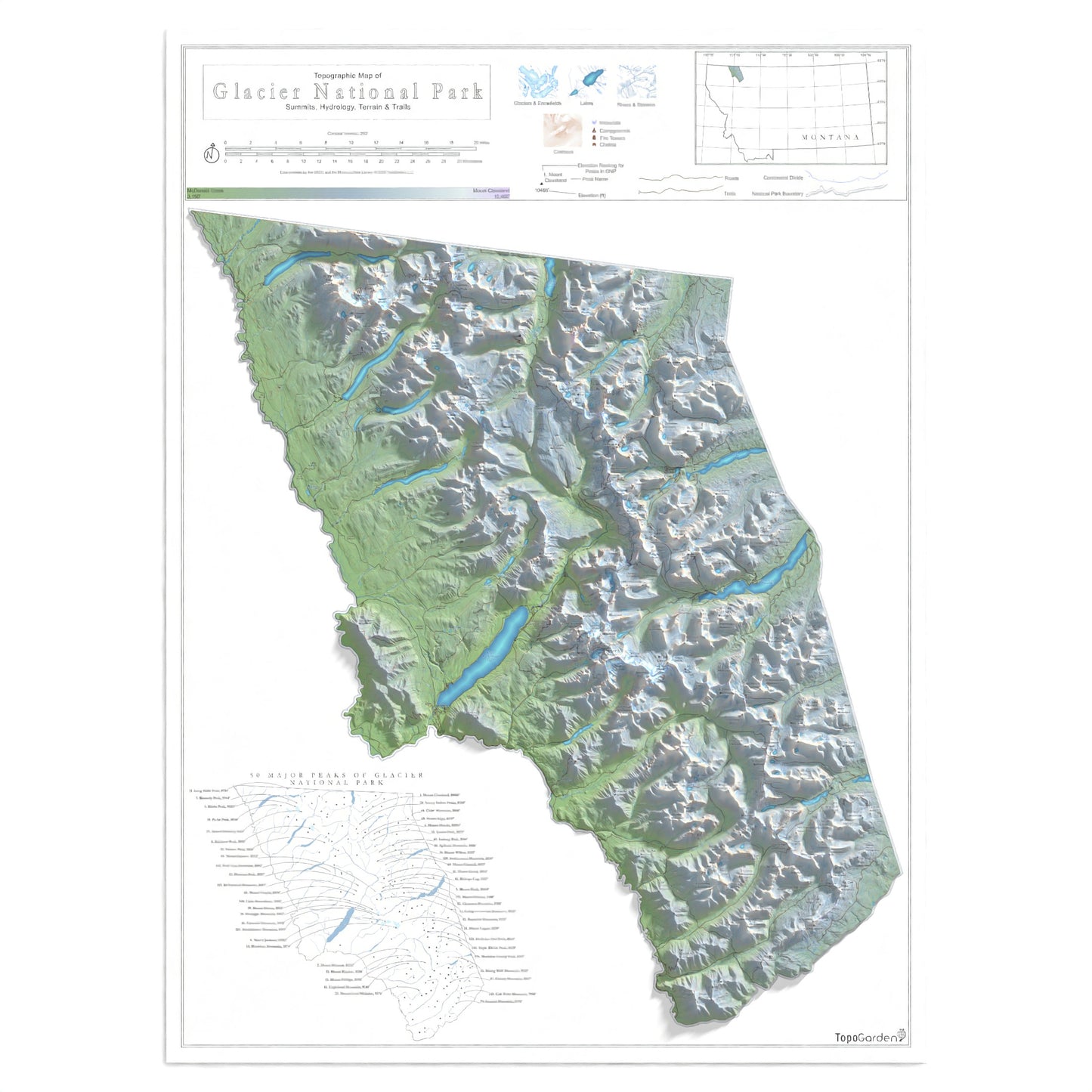 Peaks of Glacier | Topographic Map of Glacier National Park, Montana USA