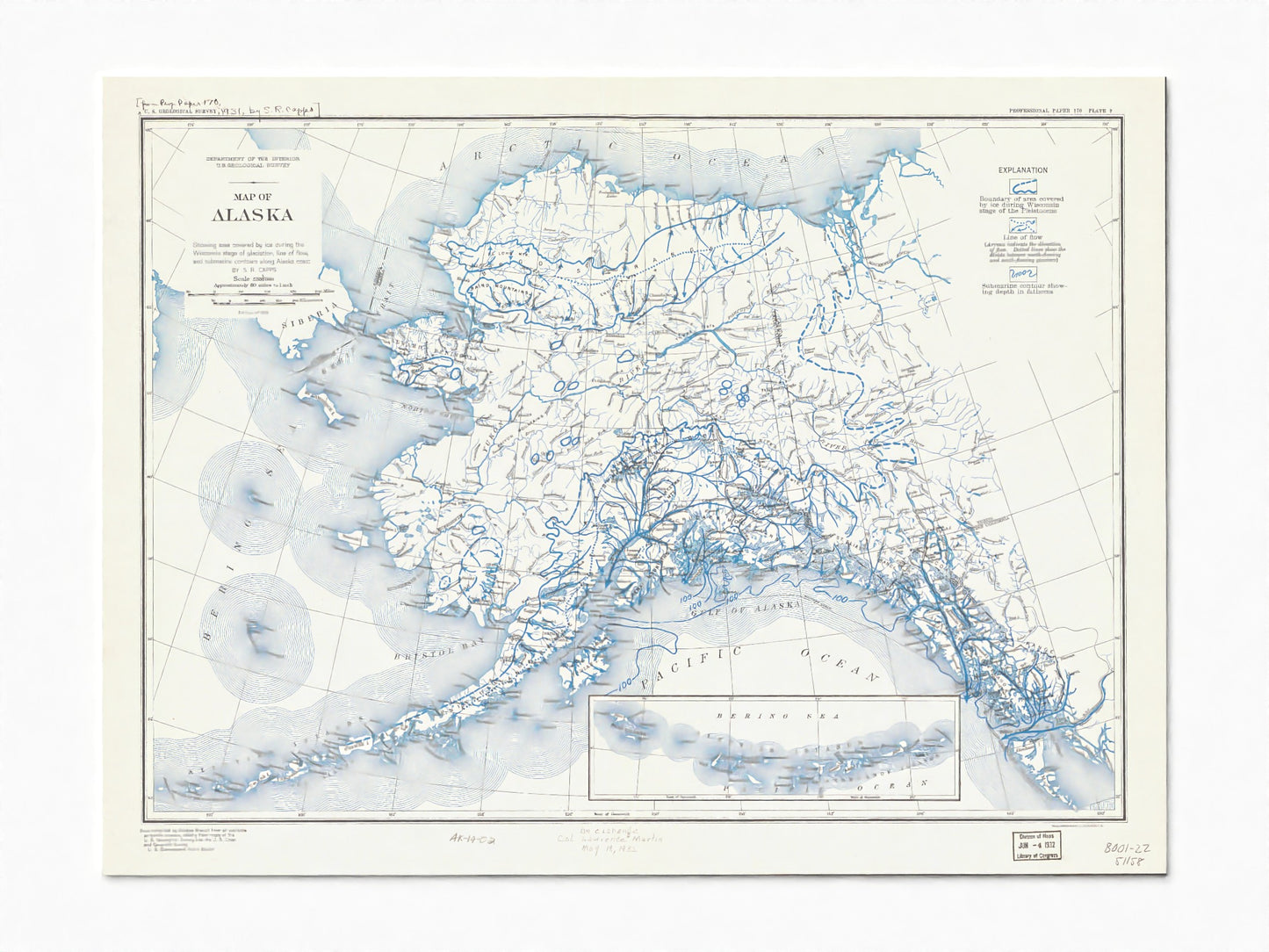 1931 Map of Alaska | Wisconsin Ice Age Glacial Extent and Flow