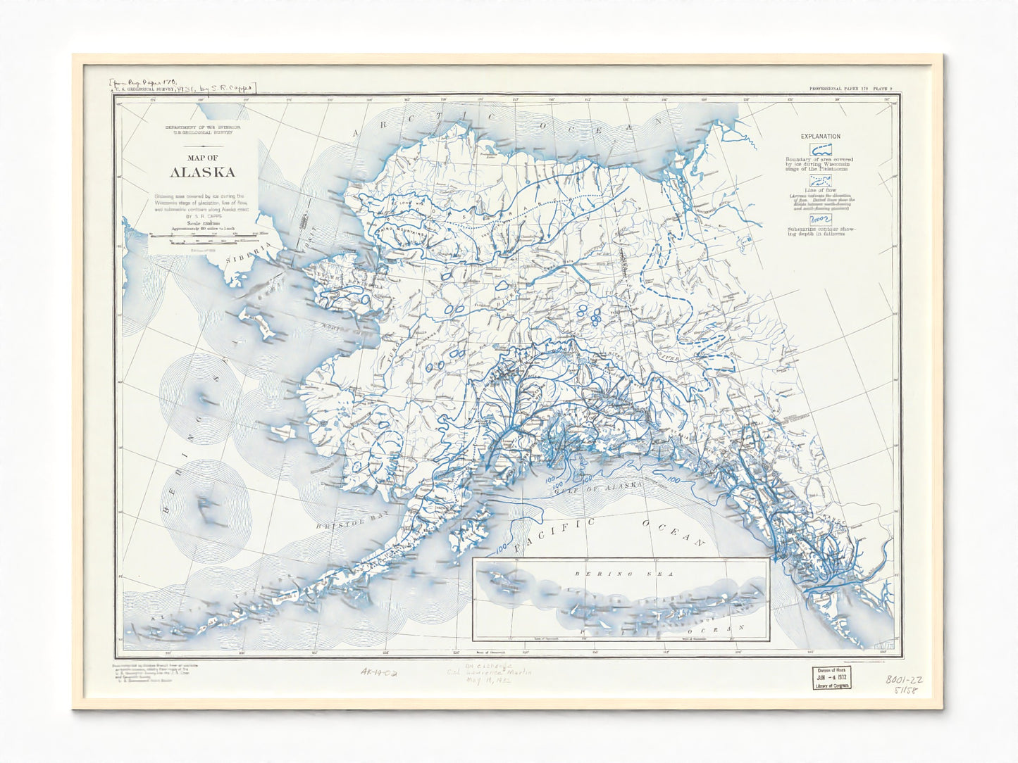 1931 Map of Alaska | Wisconsin Ice Age Glacial Extent and Flow